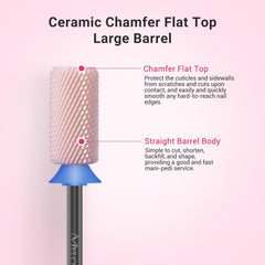 Fraise MelodySusie en céramique, extrémité plate biseautée, protège cuticules et contours.