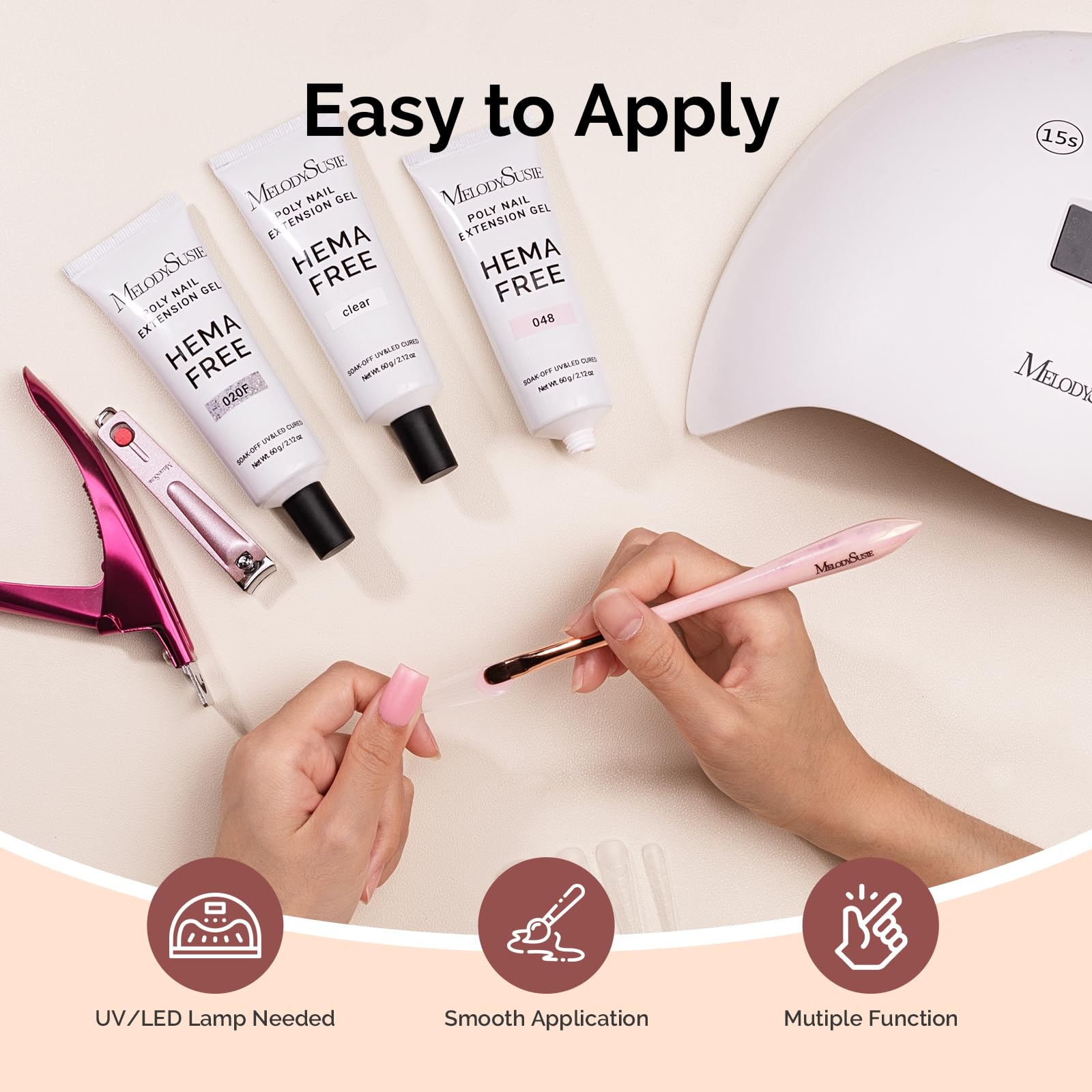 MelodySusie Gel Extension Ongles 60 g, finition lisse et polie.