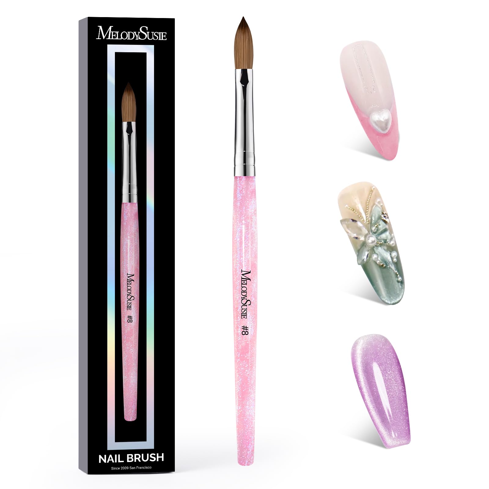 Brosse MelodySusie pour acrylique Kolinsky, glisse douce et précision d’application.