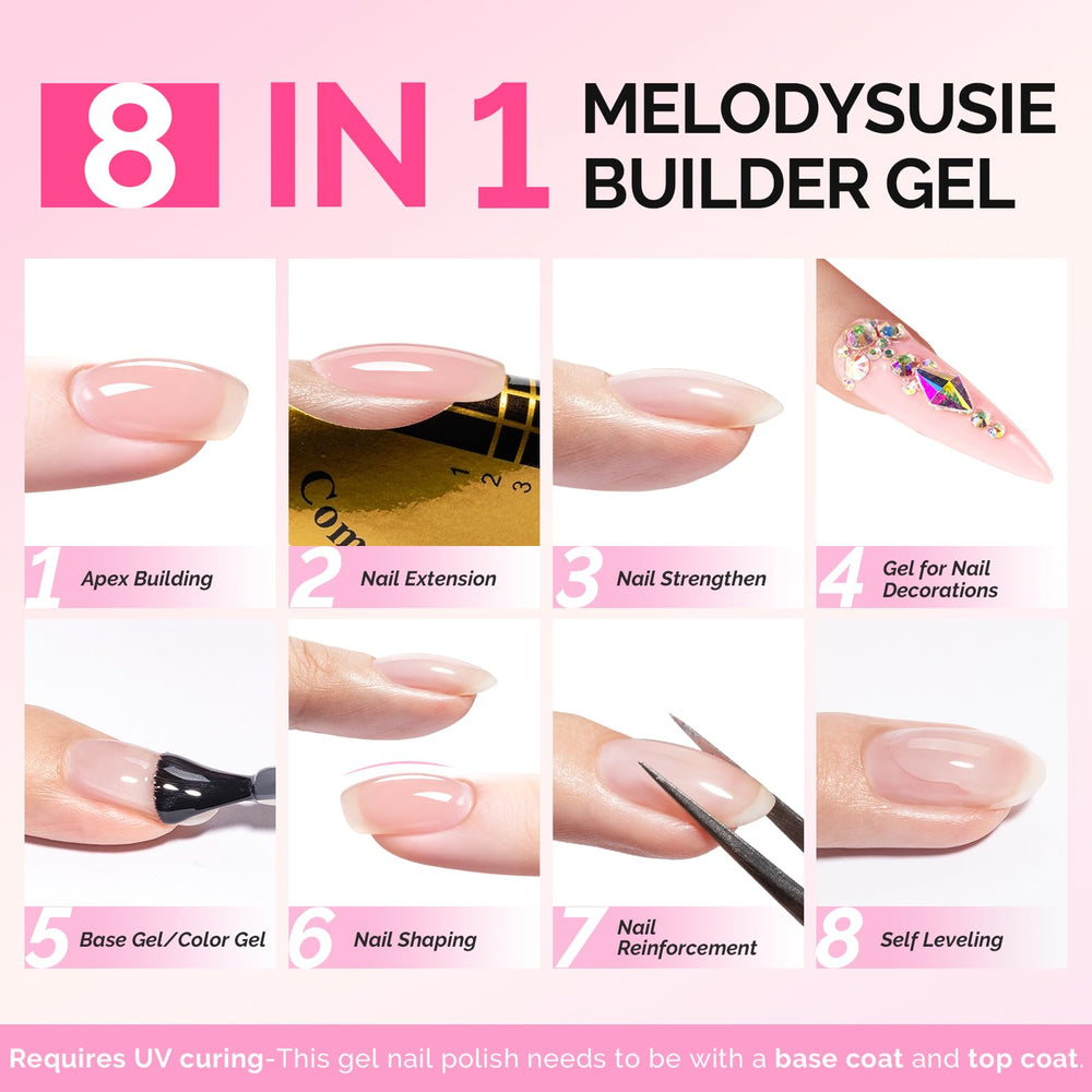 MelodySusie builder gel curing under UV/LED for fast setting.