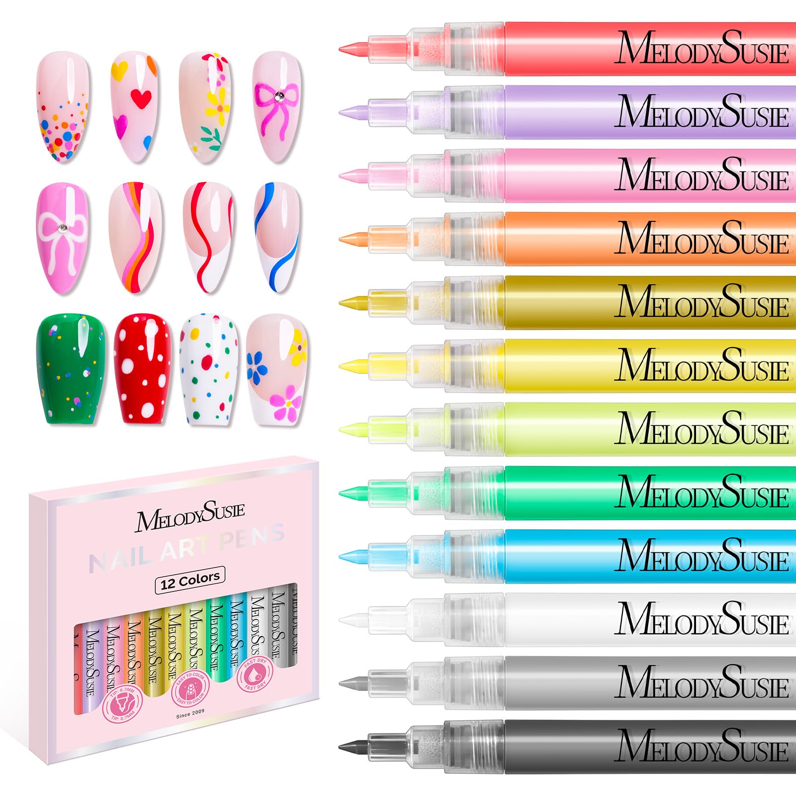 MelodySusie Stylo art-ongles 12 couleurs pour motifs précis et durables.