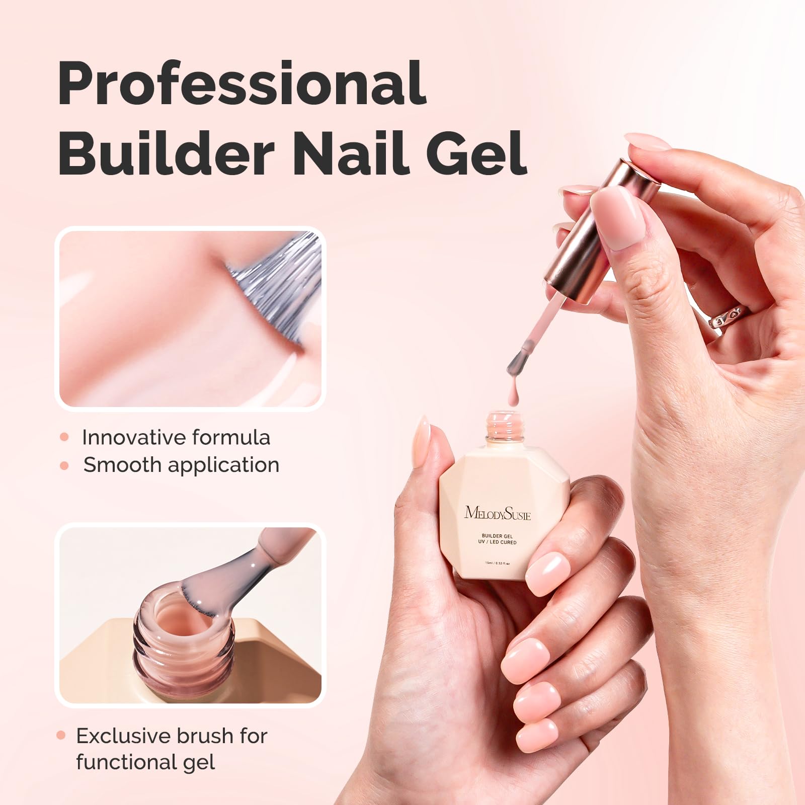 Ongles allongés avec MelodySusie Gel Builder Nude, extension durable et naturelle.