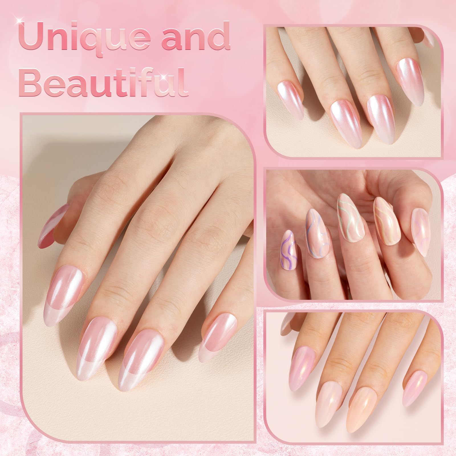 MelodySusie poudre chrome champagne pour une brillance lumineuse sur ongles gel.