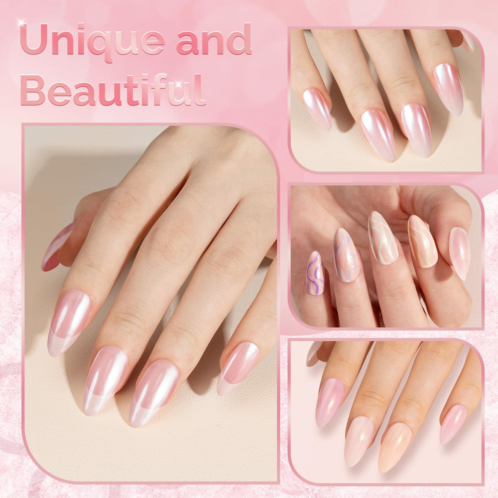 MelodySusie poudre chrome champagne pour une brillance lumineuse sur ongles gel.