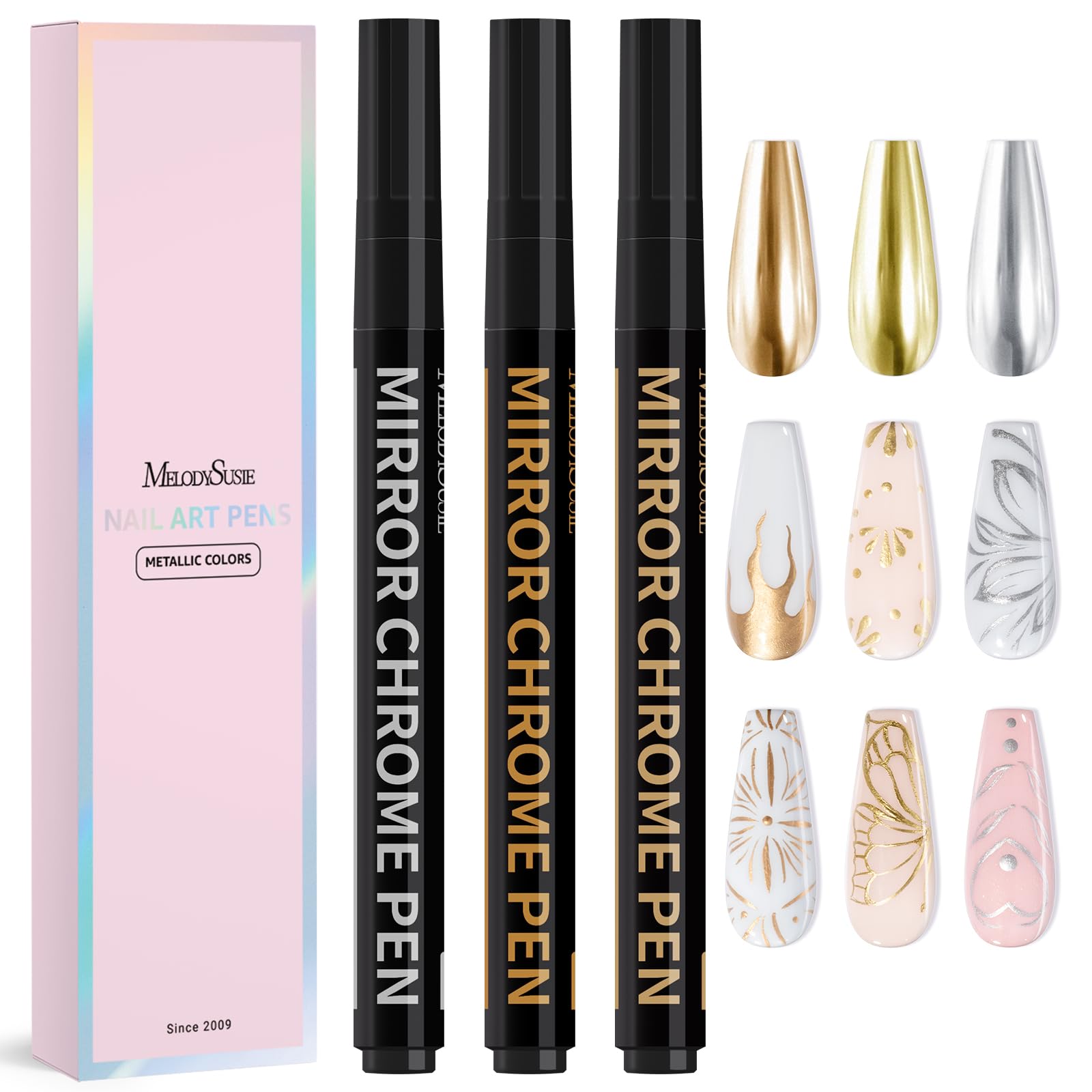 Stylo MelodySusie Nail Art avec couleur chrome métallique pour motifs éclatants sur ongles.
