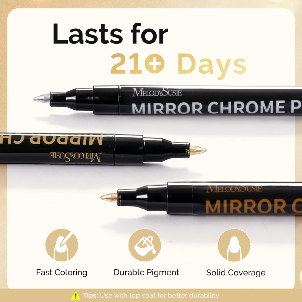 Effet miroir métallique MelodySusie sur ongles pour designs modernes.