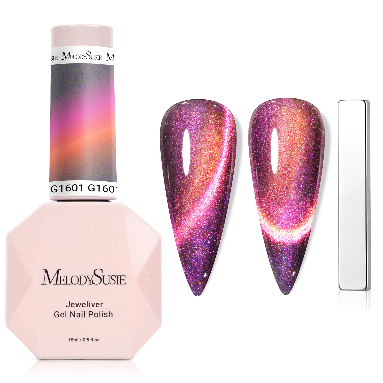 MelodySusie vernis gel chat œil rose pailleté, effet magnétique rapide et brillant.