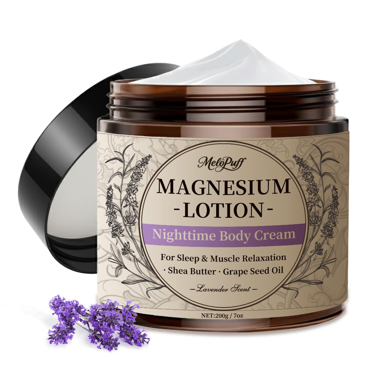 Melopuff Lotion magnésium nuit-sommeil apaise les muscles avant le repos.
