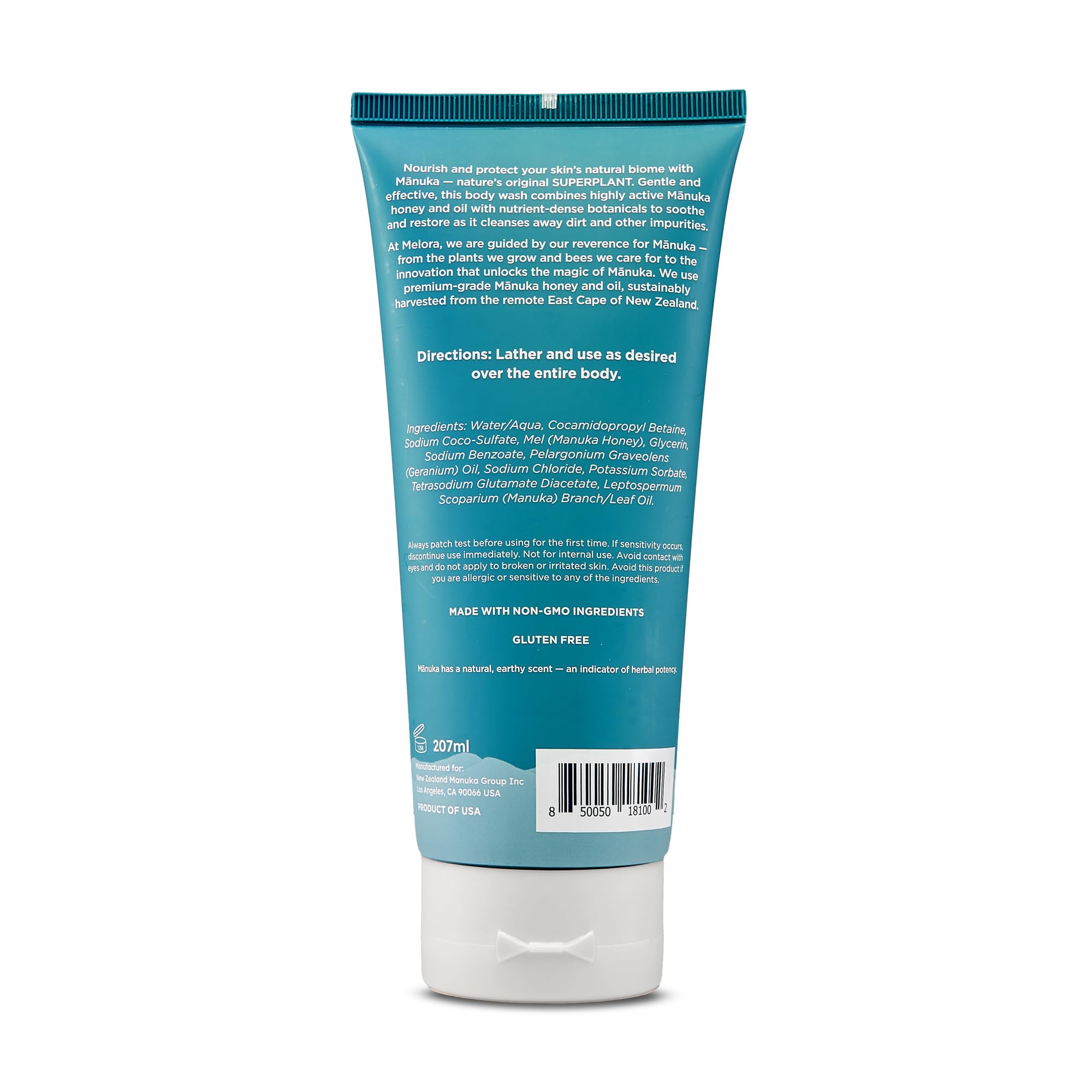 MELORA Gel Douche Miel Manuka : mousse délicate qui apaise la peau.