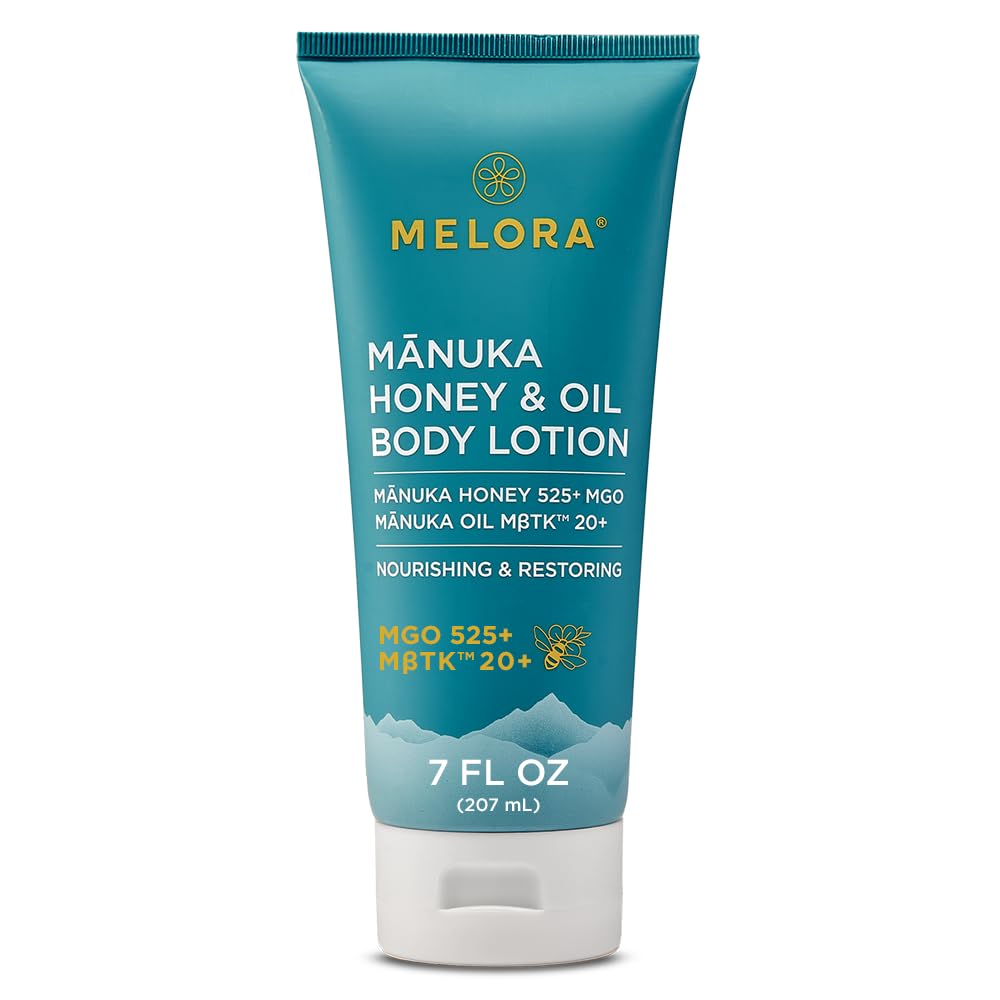 Melora Manuka Honey Body Lotion, bouteille 7oz, hydratation durable.