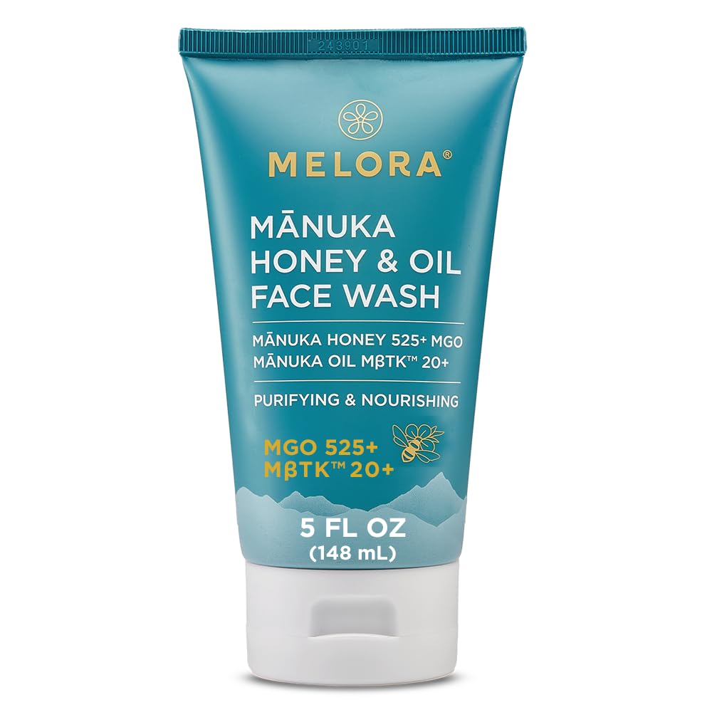 MELORA Manuka Miel - bouteille de nettoyant visage, hydratant et démaquillant.