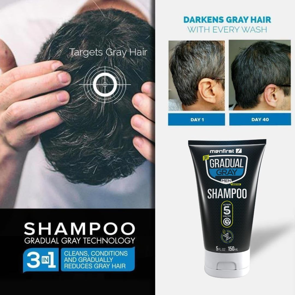 MENFIRST 3-in-1 shampoo and darkener in one bottle.