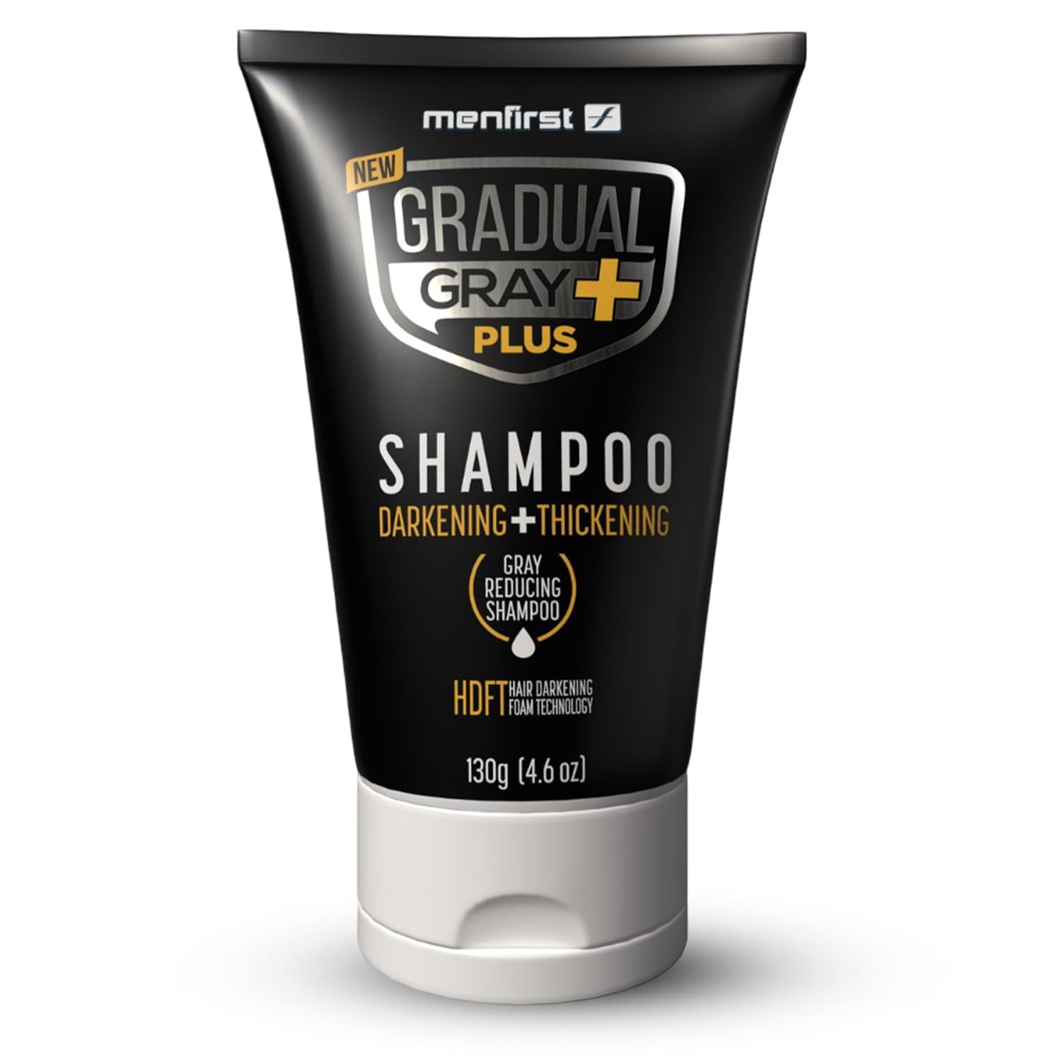MENFIRST Gradual Gray Plus Shampoo bottle shows quick 3-minute gray coverage for busy mornings