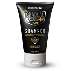 MENFIRST Gradual Gray Plus Shampoo bottle shows quick 3-minute gray coverage for busy mornings