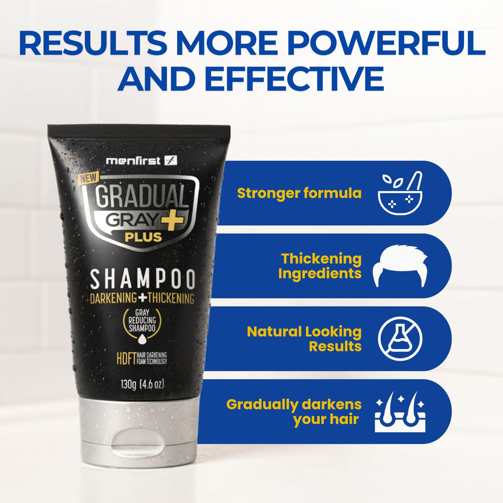 Lather from MENFIRST Gradual Gray Plus darkens and thickens hair for a fuller, natural look