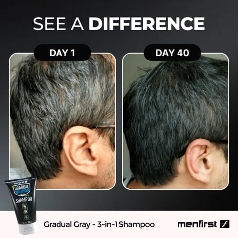 MENFIRST keratin-pro-vitamin-b5-collagen formula strengthens hair while reducing grays gradually.