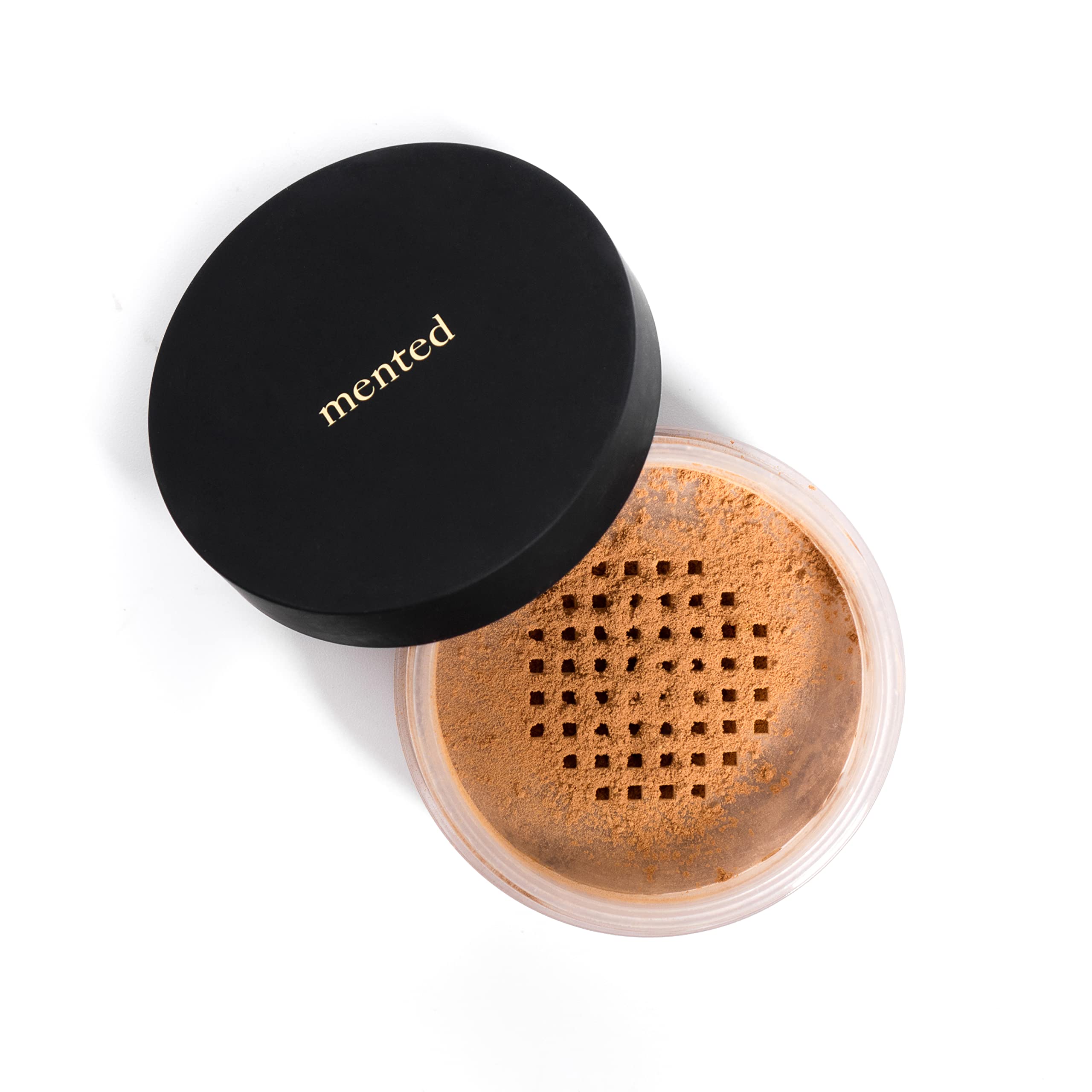 Mented pressed powder compact open for on-the-go touch-ups with translucent finish