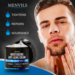 Crème visage Menvils pour homme, application soir, atténue visiblement les signes du vieillissement.