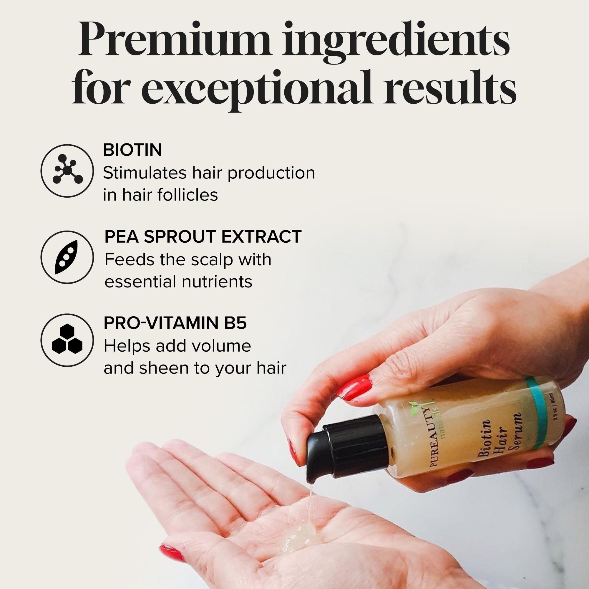Ingrédients premium du sérum Biotine Meraz Pureauty pour nourrir les cheveux.