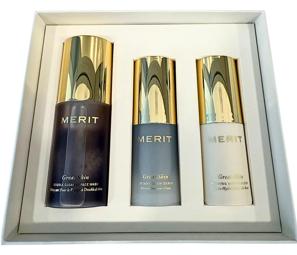 Merit Mini Great Skin Trio nettoie le visage par un nettoyage double pour peau nette et fraîche.