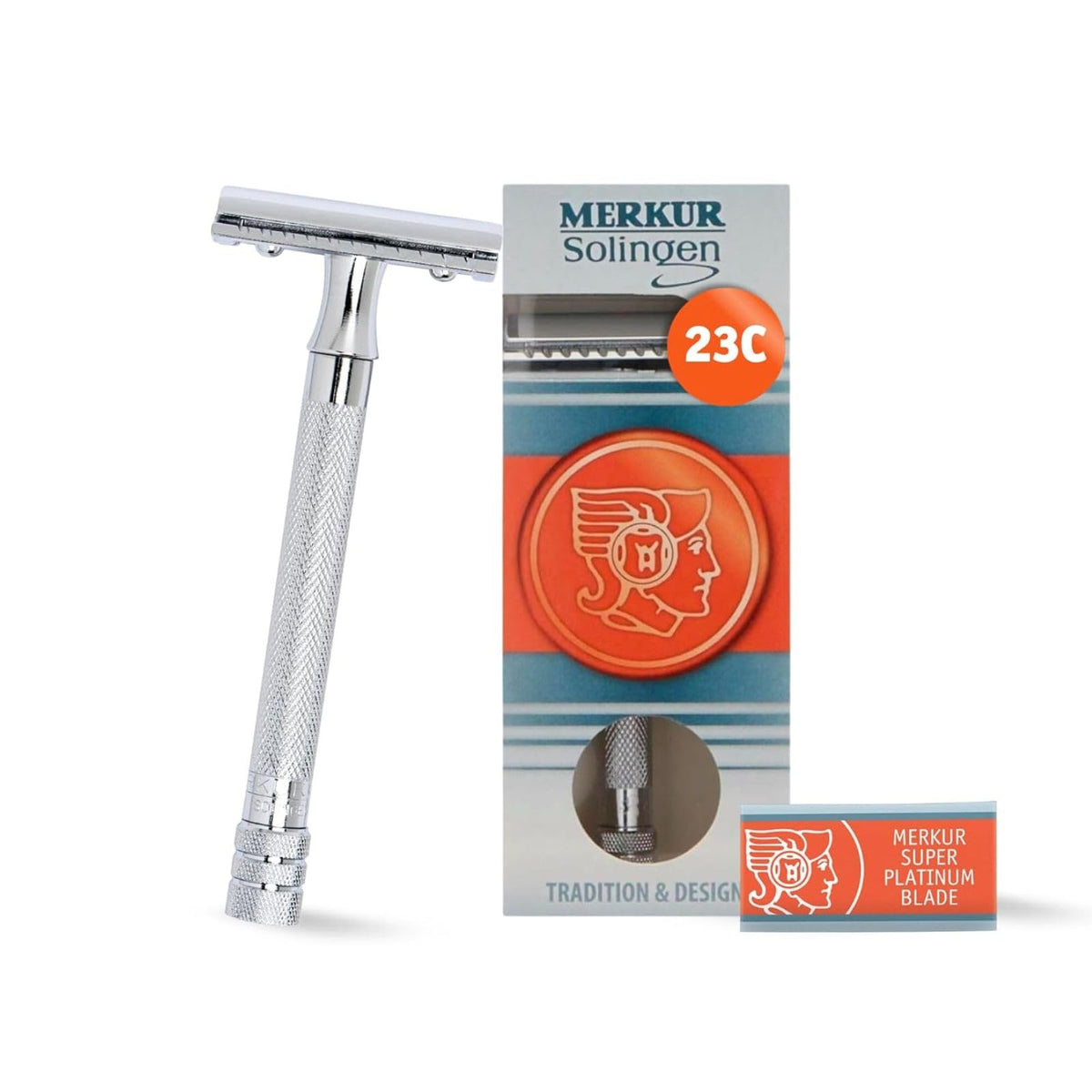 MERKUR 23C poignee longue et nervuree, prise ferme pour rasage precis