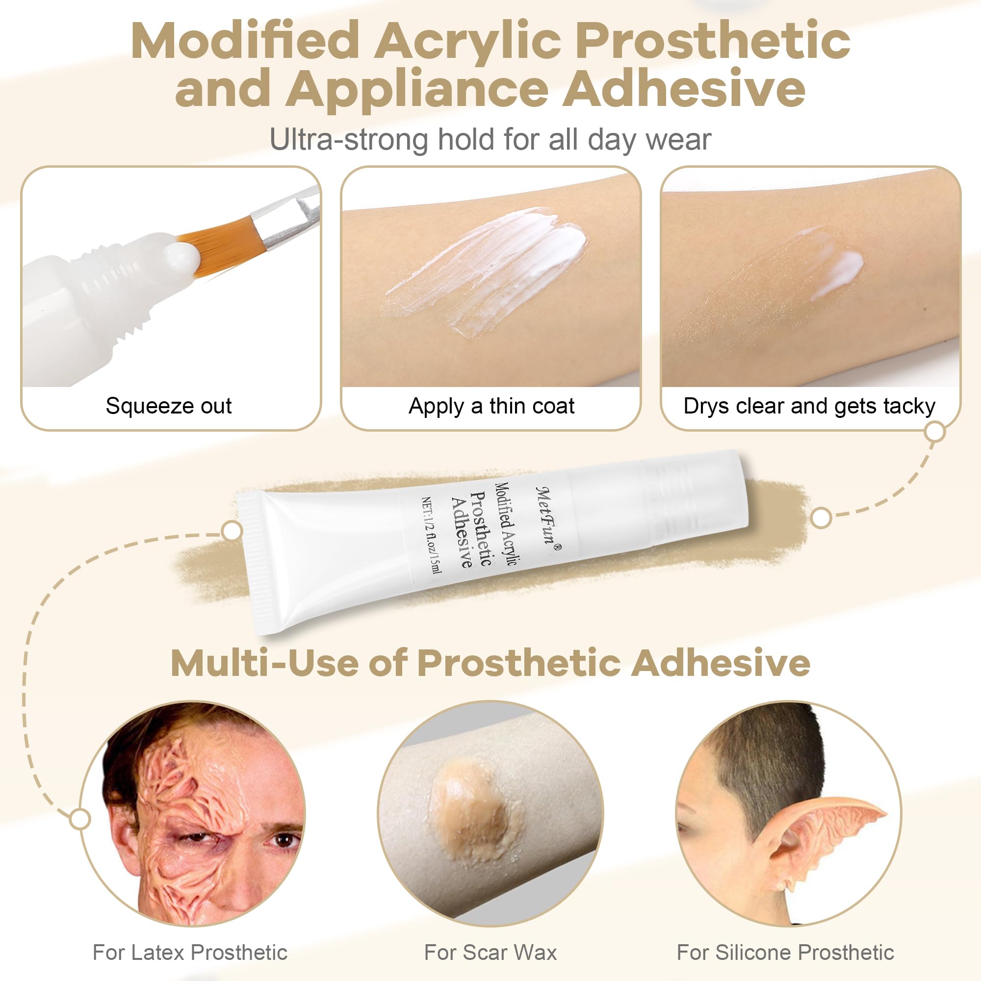 Adhésif prothétique MetFun de 15 ml, fixation fiable pour prothèses et détails.