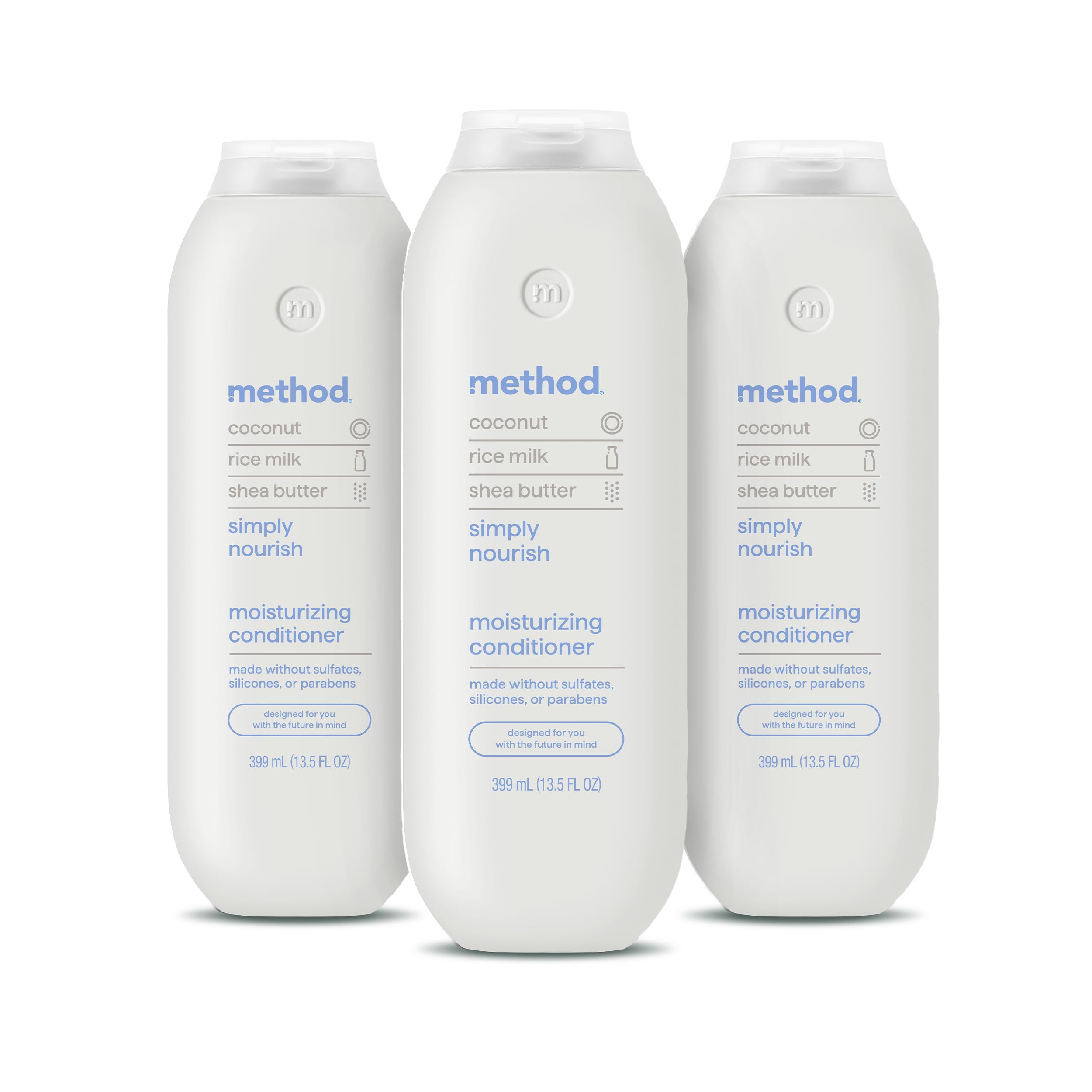 Method après-shampooing nourrissant, bouteille visible, hydratation rapide pour cheveux secs.