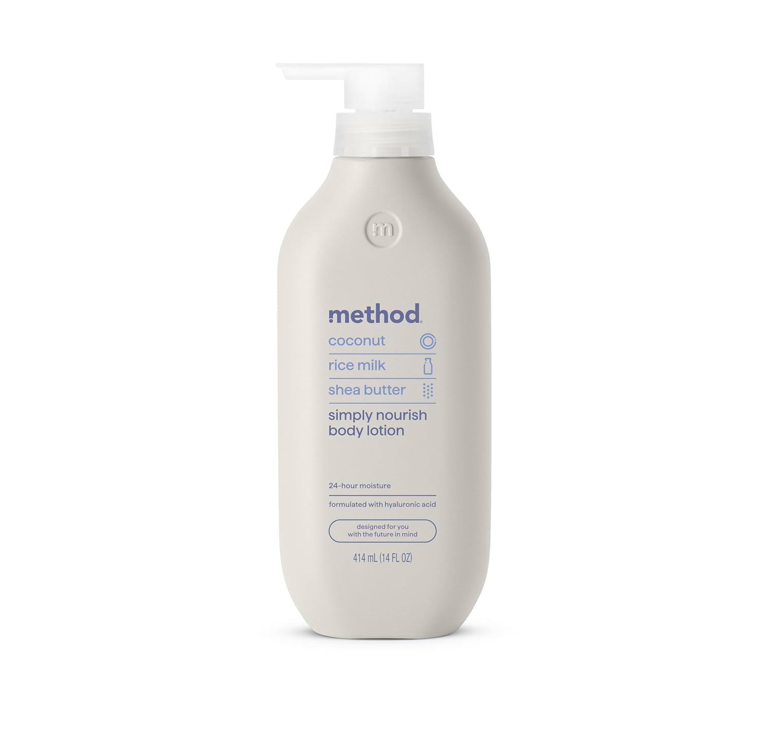 Method Simply Nourish coconut lotion bottle showcases tropical fragrance and long-lasting hydration.