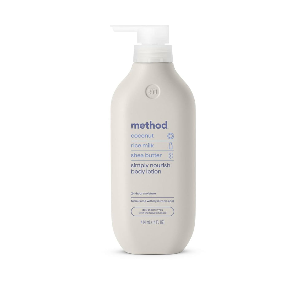 Method Simply Nourish coconut lotion bottle showcases tropical fragrance and long-lasting hydration.
