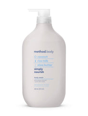 Method Simply Nourish bottle on bathroom shelf for daily cleansing with coconut and shea