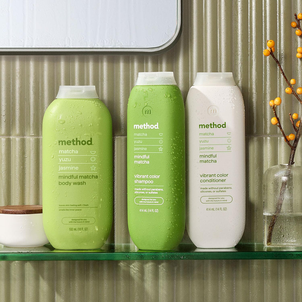 Emballage PCR 80% du shampoing Method Color Protect Mindful Matcha.