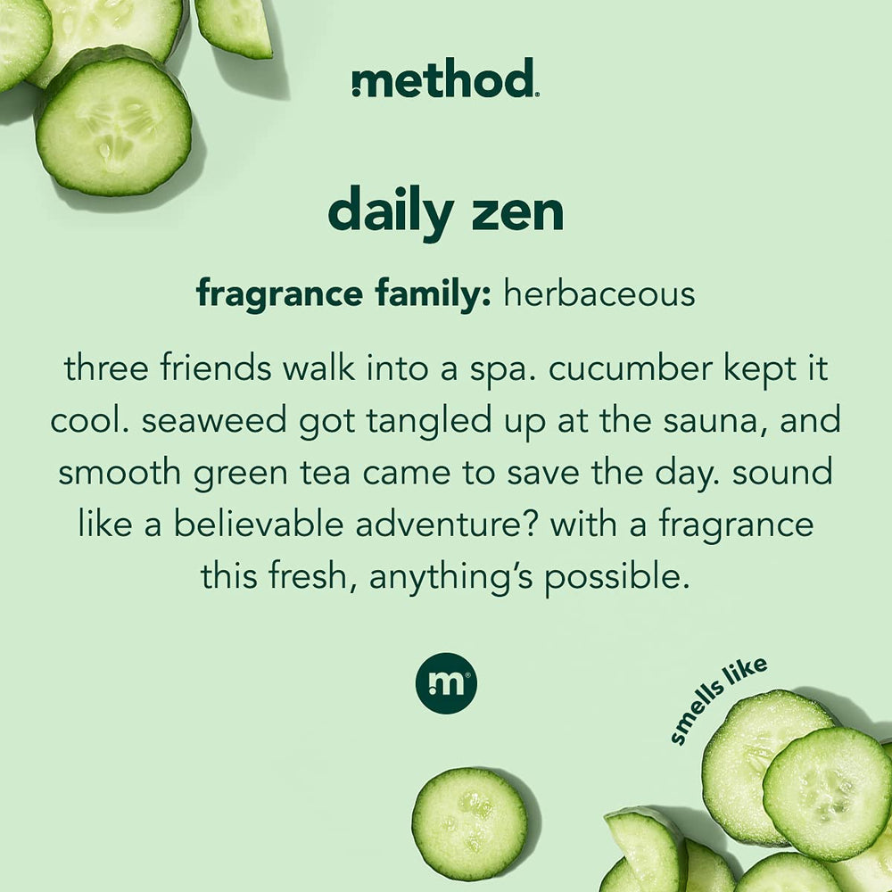 Huiles murumuru et jojoba dans Method Daily Zen nourrissent la peau.