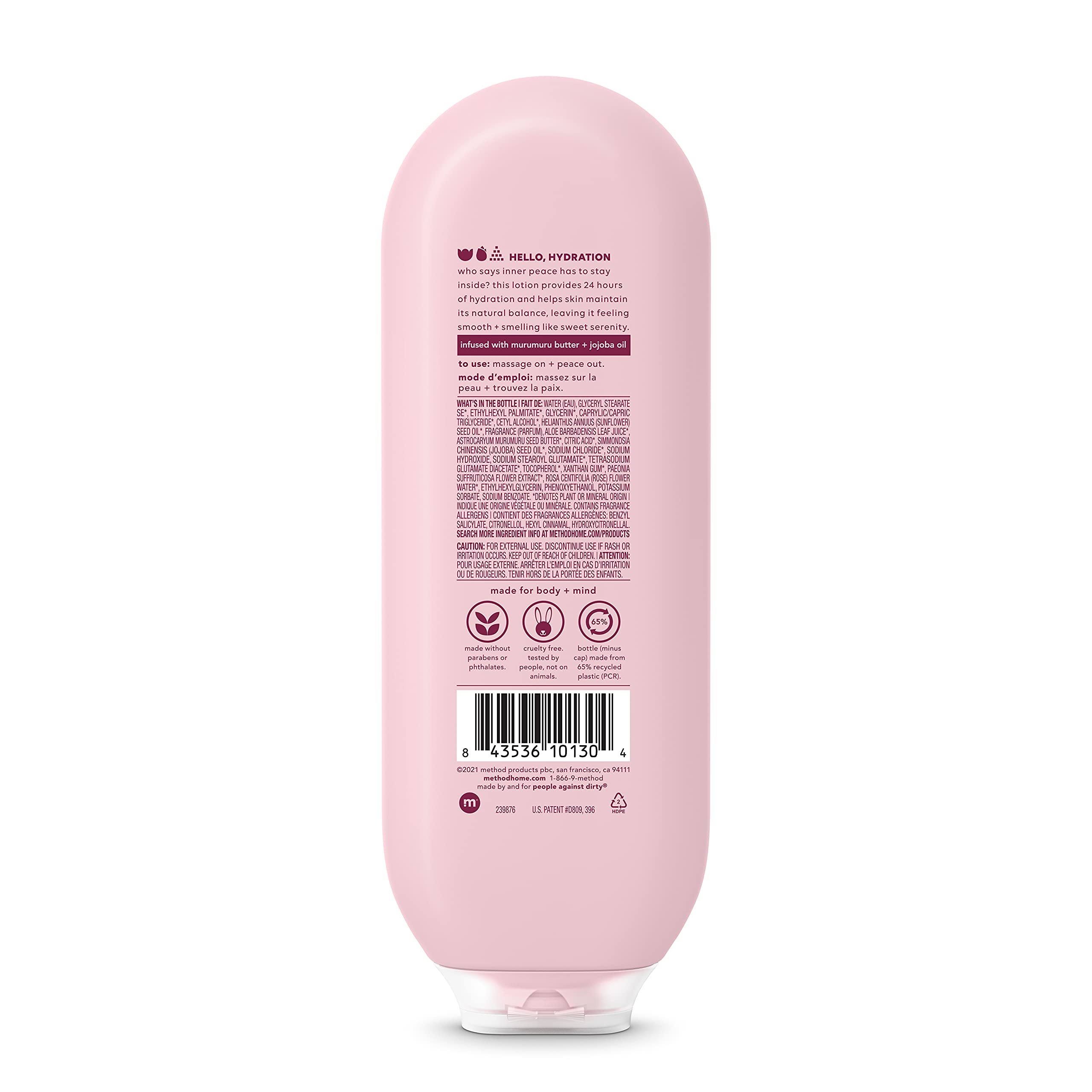 Method Daily Lotion Pure Peace – ingrédients murumuru et jojoba pour nourrir la peau.