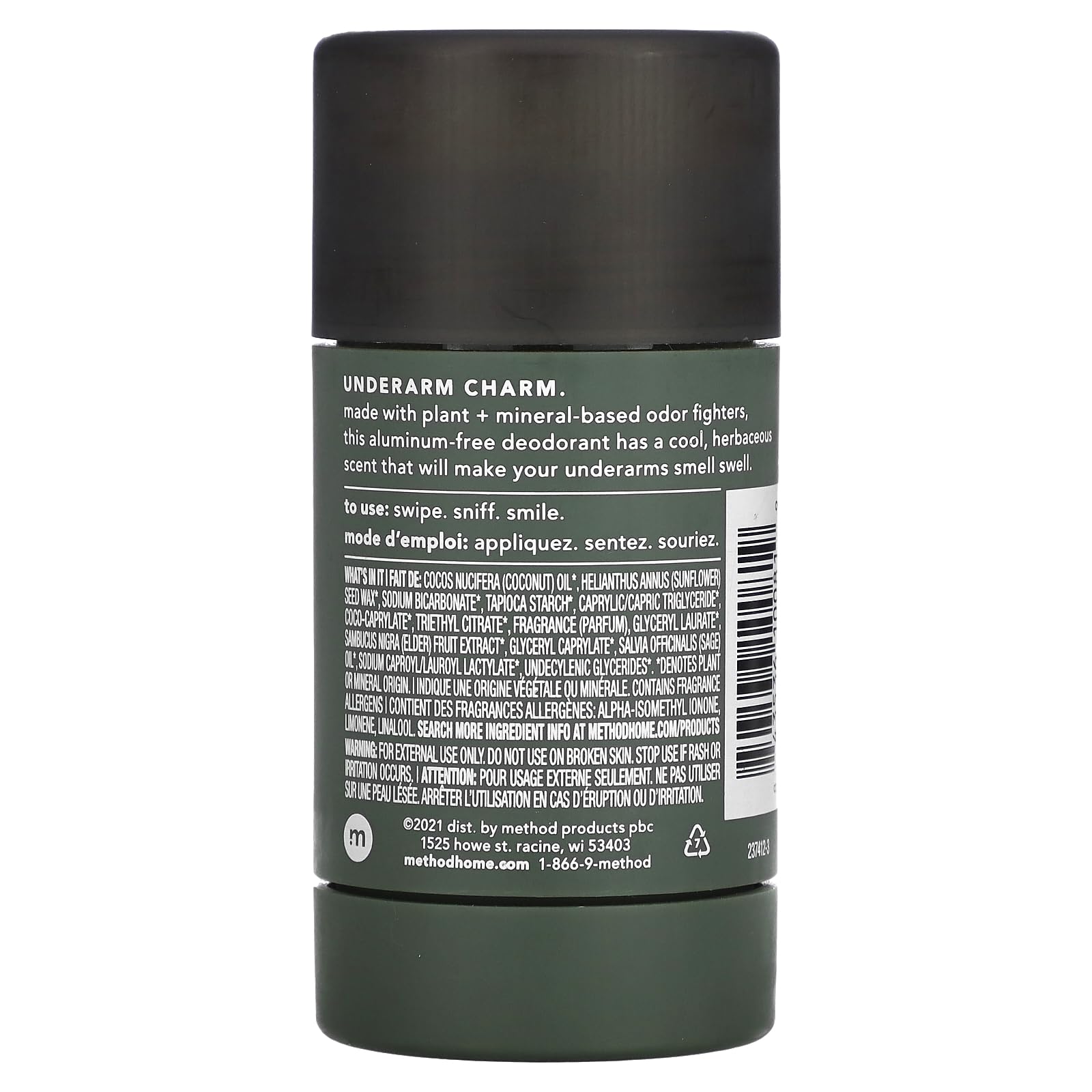 Packaging du déodorant Method Juniper Sage pour homme, pratique et facile à transporter.