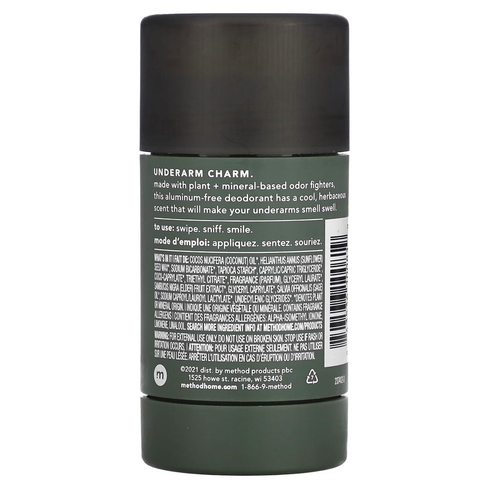 Packaging du déodorant Method Juniper Sage pour homme, pratique et facile à transporter.