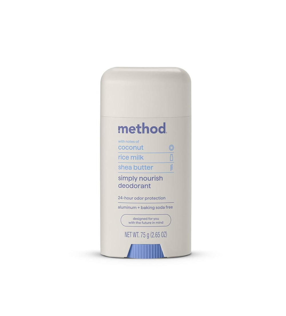 Method Simply Nourish bâton coco lait riz karité pour une fraîcheur durable.