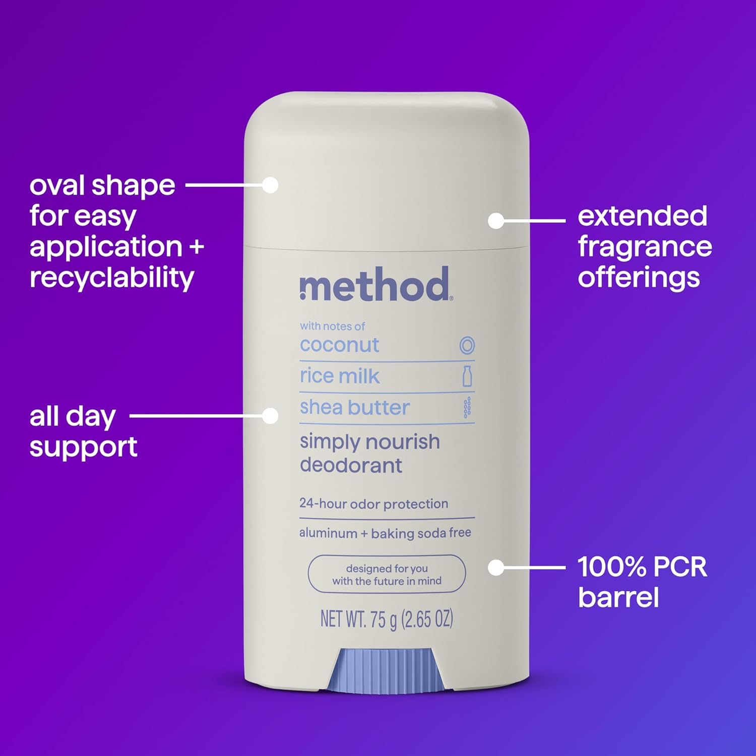 Parfum Method Simply Nourish coco lait riz karité pour une sensation luxueuse.
