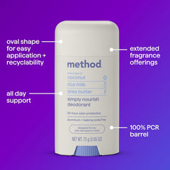 Parfum Method Simply Nourish coco lait riz karité pour une sensation luxueuse.