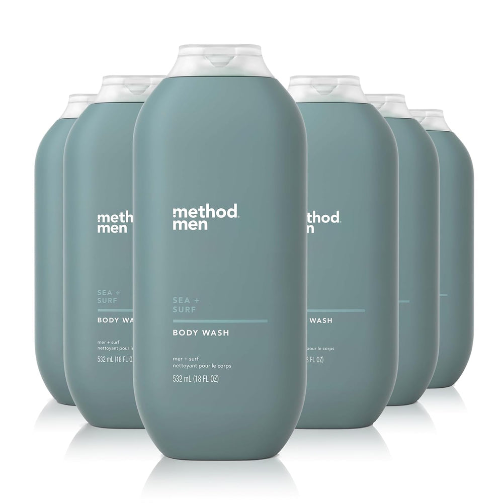 Method Men Body Wash Sea + Surf, pack de six bouteilles pour une douche rafraîchissante.