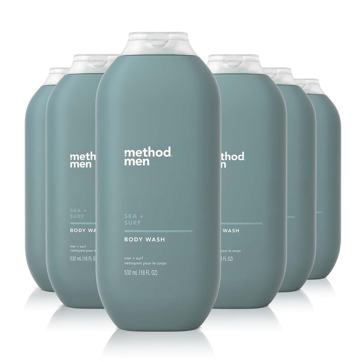 Method Men Body Wash Sea + Surf, pack de six bouteilles pour une douche rafraîchissante.
