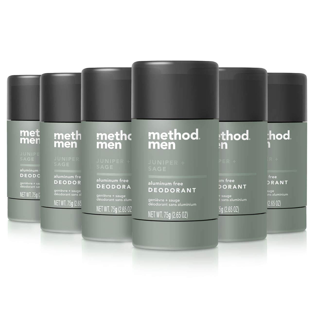 Déodorant Method pour homme Genévrier Sauge en bouteille 6-pack, parfum frais et naturel.