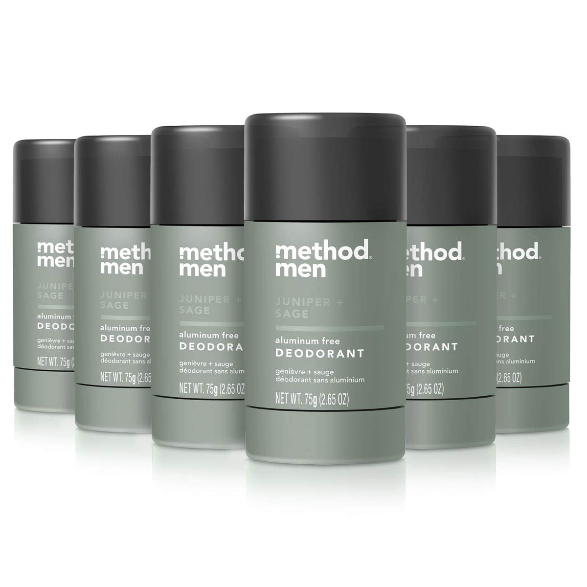 Déodorant Method pour homme Genévrier Sauge en bouteille 6-pack, parfum frais et naturel.