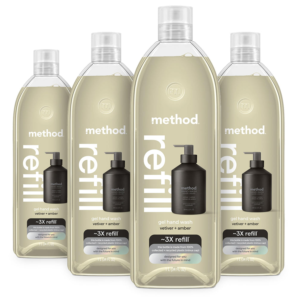 Method Premium Gel Mains Recharge Ambre Vetiver, parfum subtil et propreté.