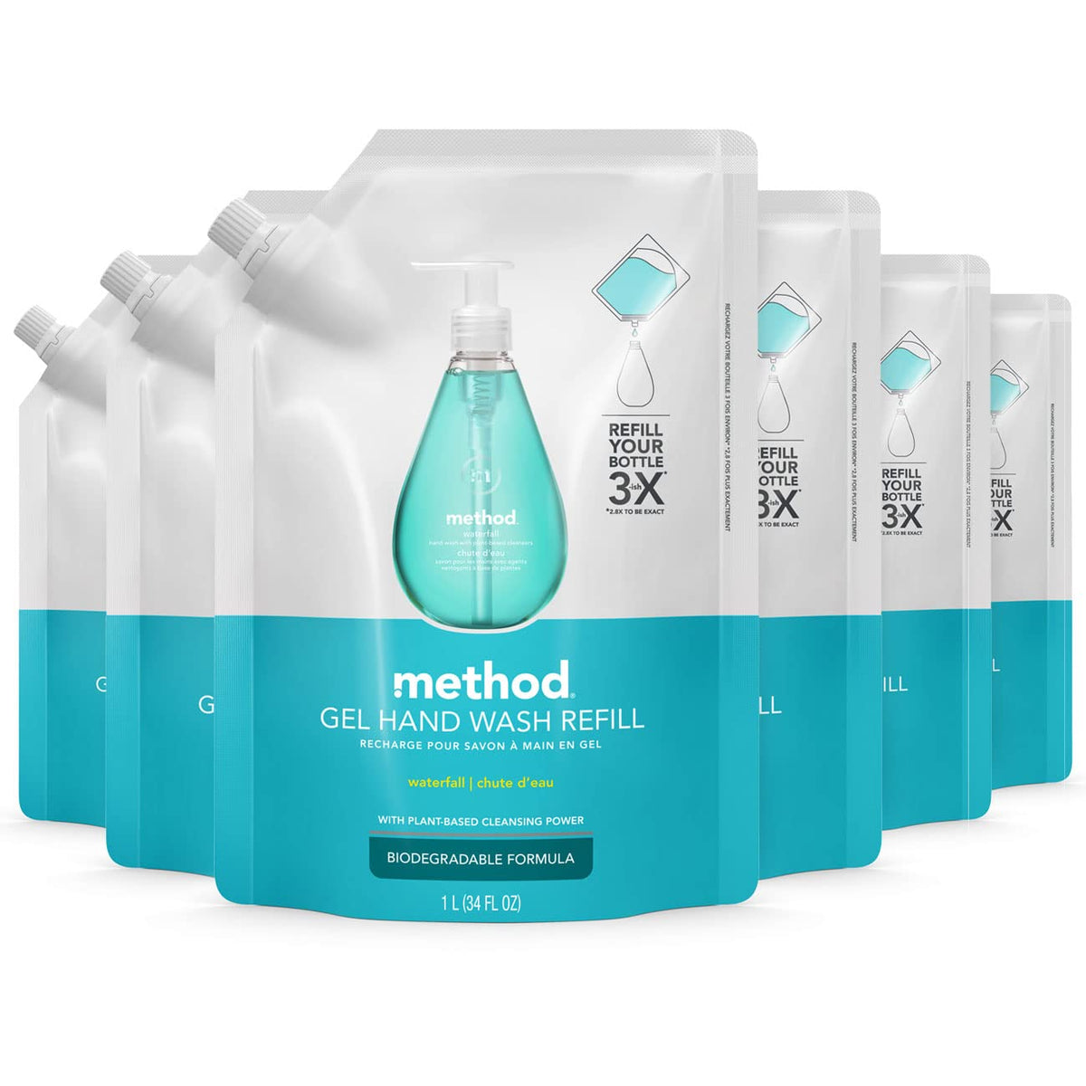 Recharge Method Waterfall pour les mains, format 1 L, réduction plastique.