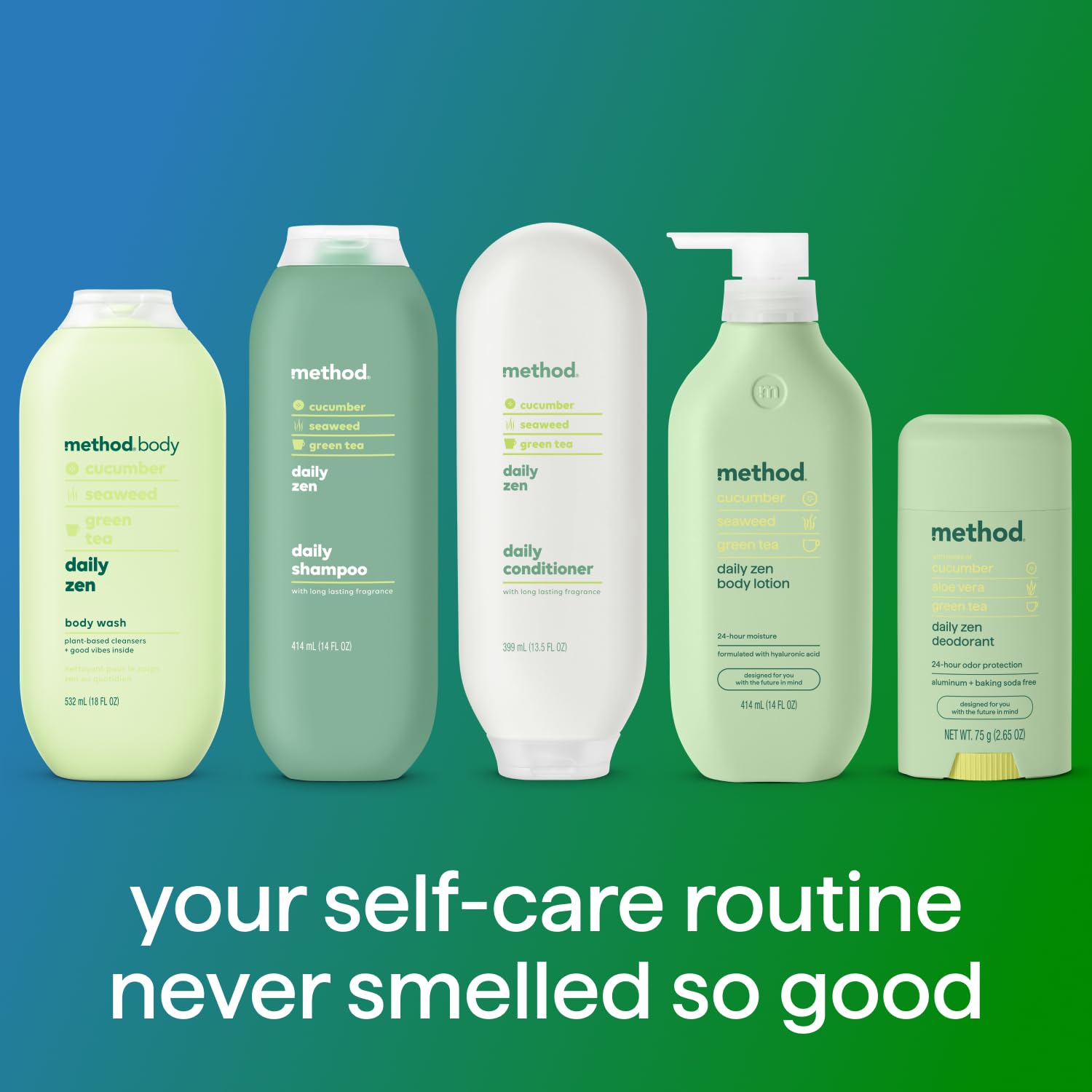 Routine douche matinale avec le Shampoing Method Zen et son parfum frais.