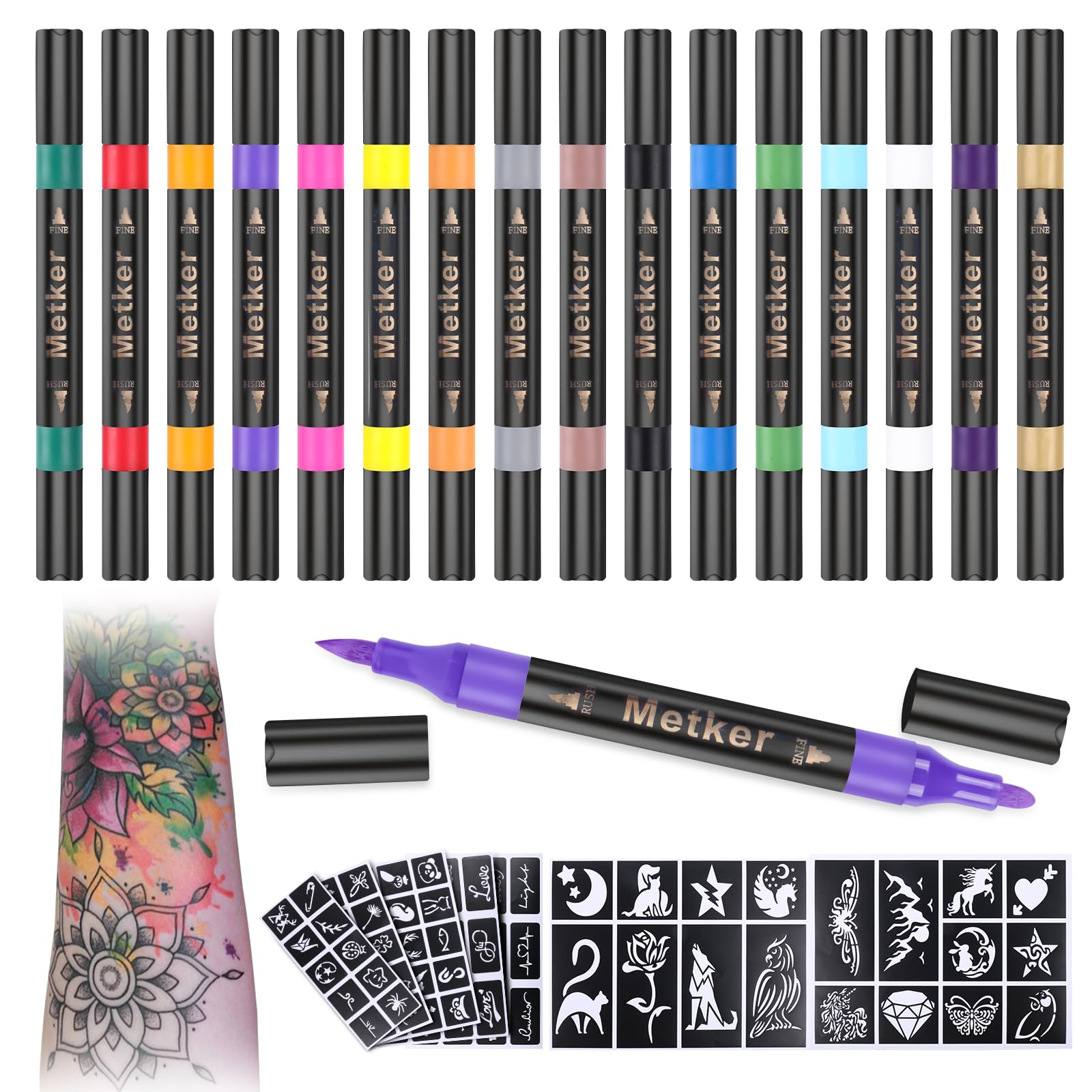 Marqueur Metker tatouage, pointe-brosse-double pour lignes nettes et précises