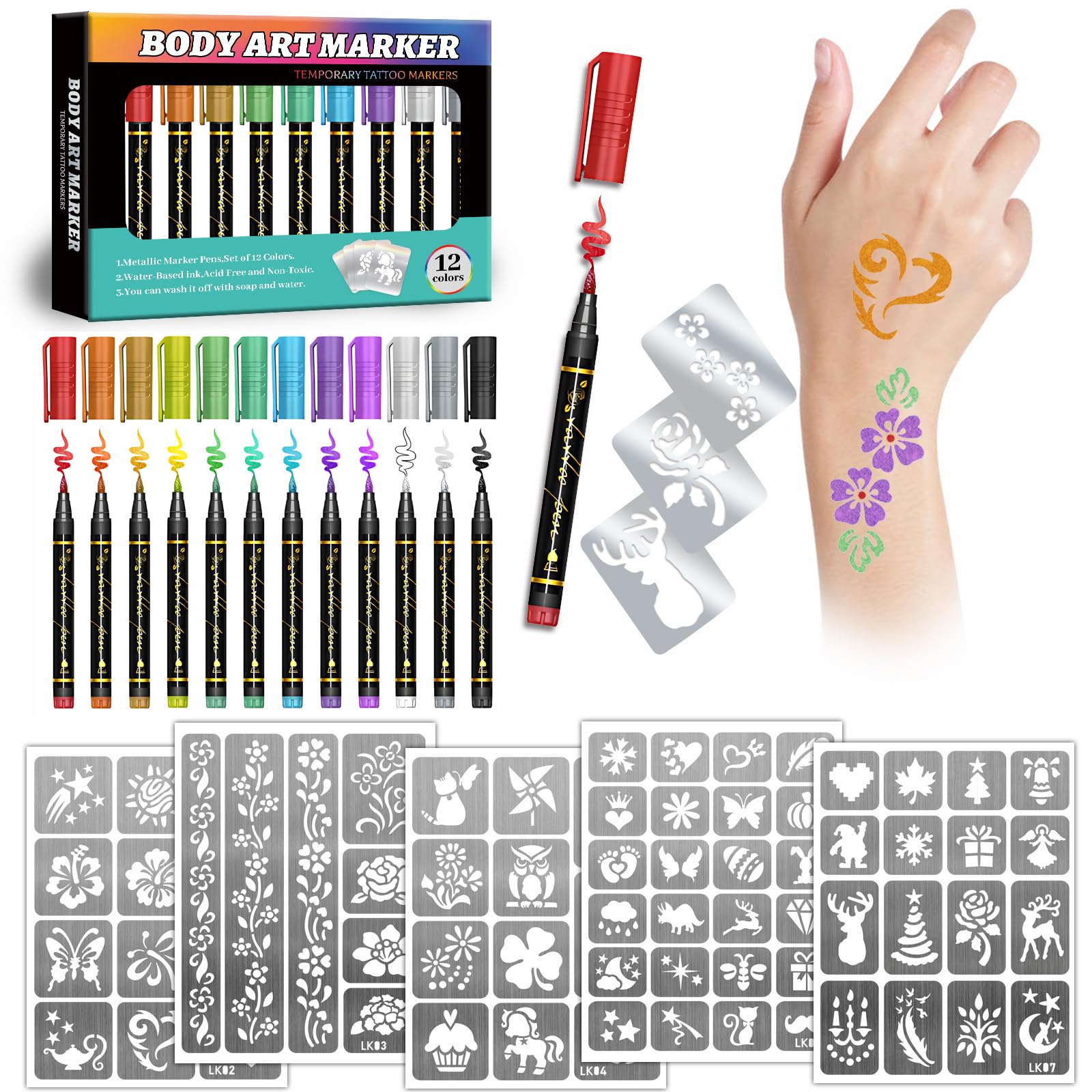 Marqueurs tatouage métalliques Metuu – 12 couleurs pour designs temporaires éclatants