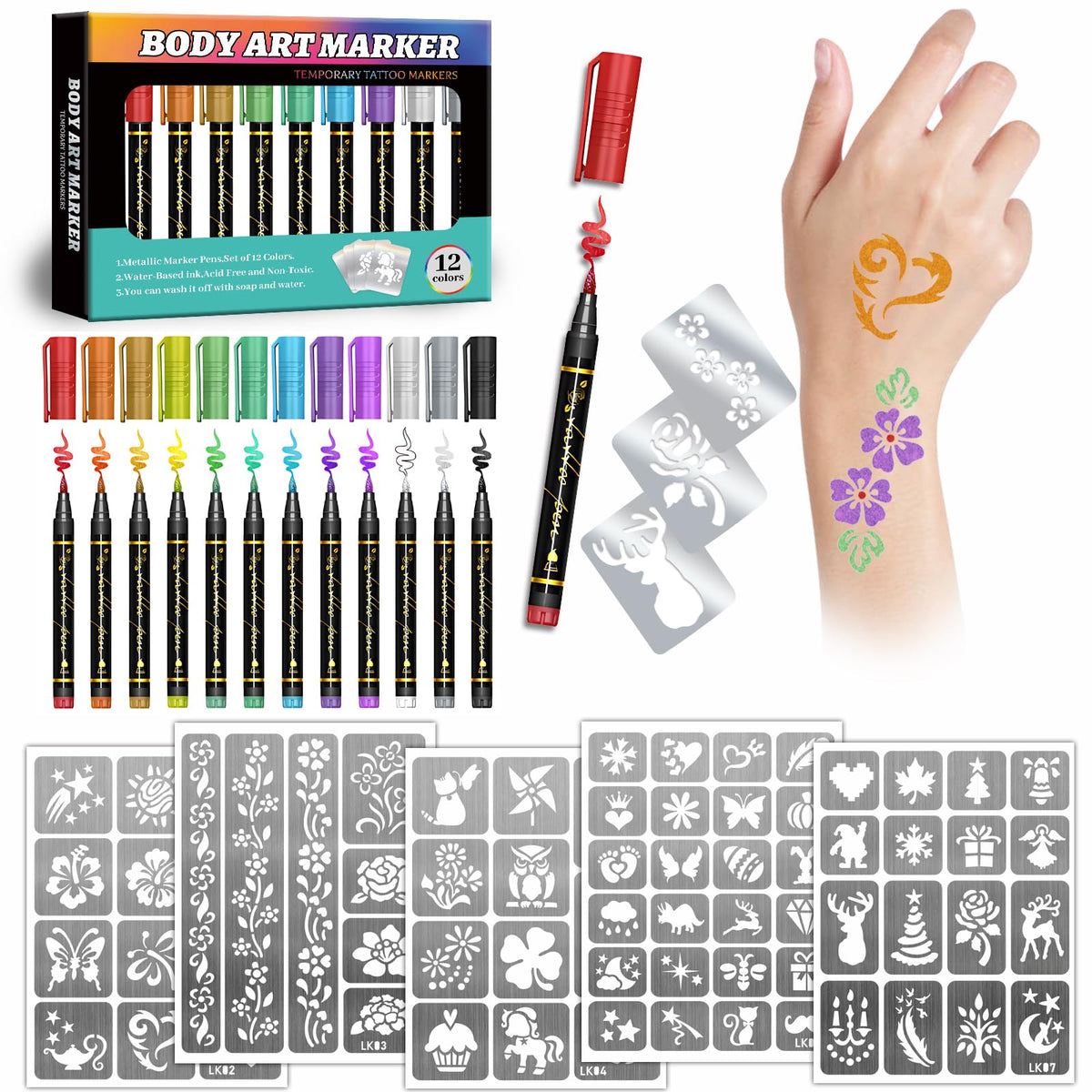 Marqueurs tatouage métalliques Metuu – 12 couleurs pour designs temporaires éclatants