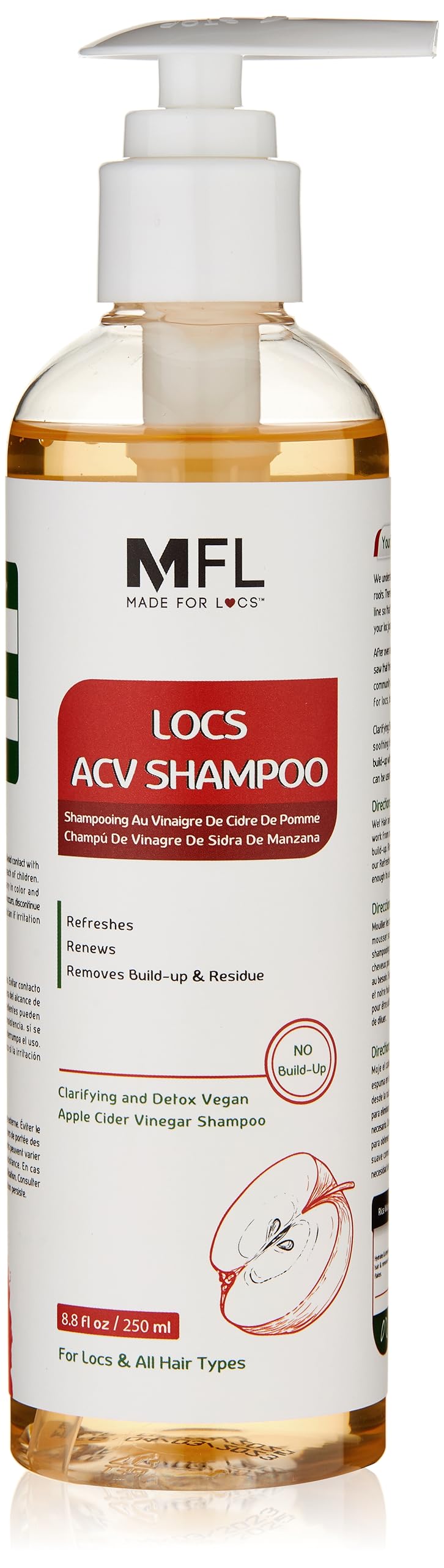 Shampoing MFL Locs en bouteille purifiant le cuir chevelu grâce au vinaigre de pomme.