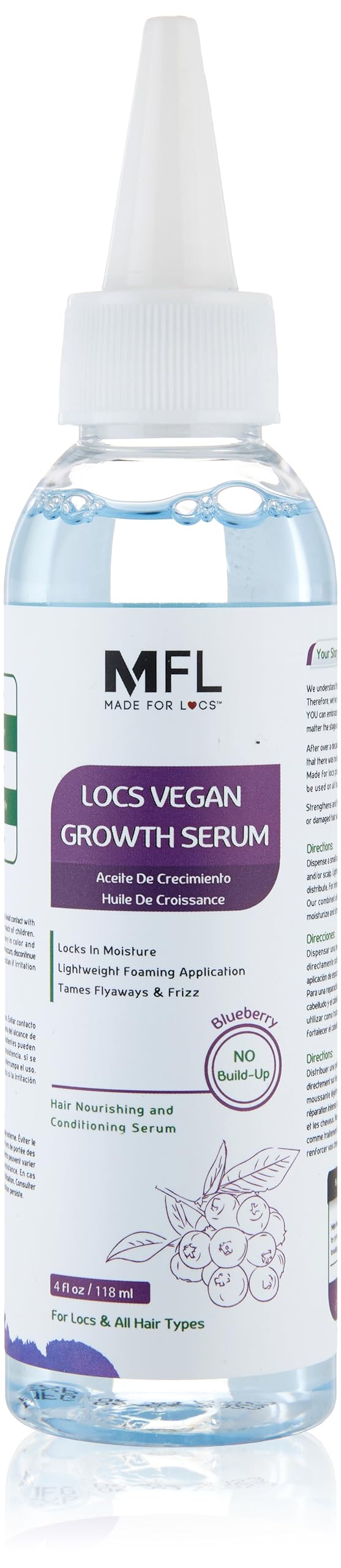 Locs Sérum Croissance végane MFL, bouteille élégante prête pour le soin capillaire.